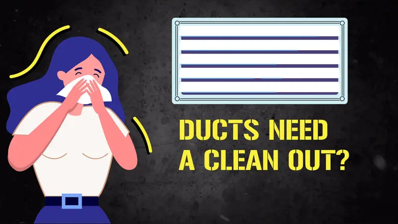 Sketch of woman sneezing on tissue next to air conditioner with label