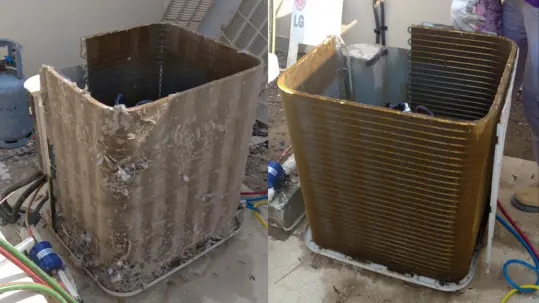 Before and after image of dirty to clean air conditioning unit