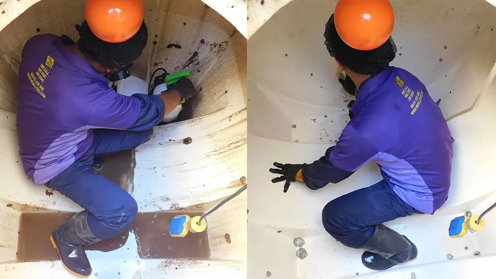 Before and after image of man cleaning dirty to clean water tank