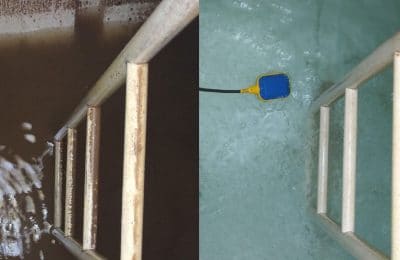 Before and after image of dirty to clean water tank with ladder