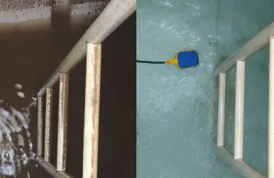 Before and after image of dirty to clean water tank with ladder