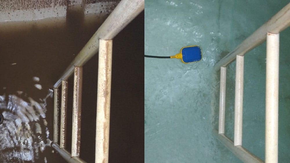 Before and after image of dirty to clean water tank with ladder