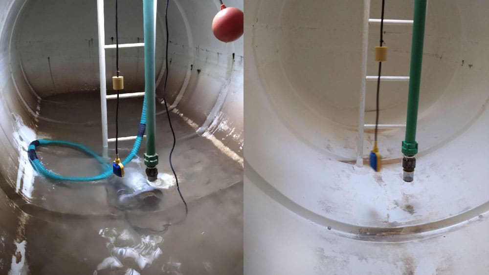 Before and after image of dirty to clean empty water tank with ladder 