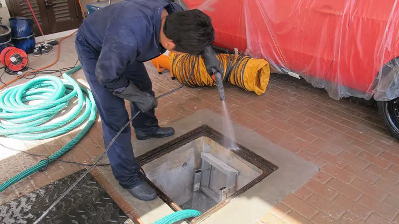 Man using high pressure spray to clean water tank